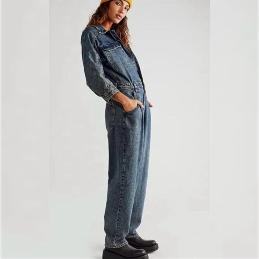 Free People Coveralls We The Free Sammie Jumpsuit Denim Zip Up Utility Boho S
